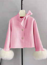 New Green Wool Bow Button Fox Hair Cuff Short Coat Winter