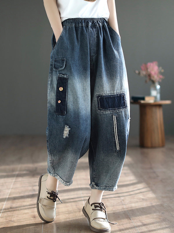 Vintage Hollow Elasticity Applique Denim Ninth Pants