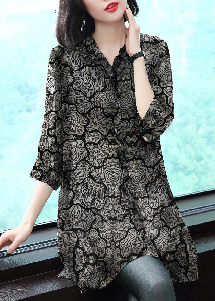 Stylish brown-geometry Peter Pan Collar Button Print Chiffon Shirt Tops Summer