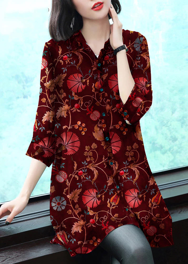 Stylish brown-geometry Peter Pan Collar Button Print Chiffon Shirt Tops Summer