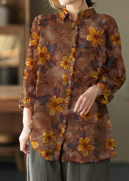 Unique Lapel Patchwork Spring Tunic Pattern Photography brown flower Print Blouse