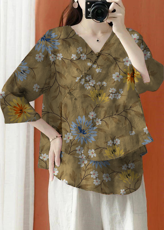 Beautiful brown Asymmetrical Print Linen Blouses Half Sleeve