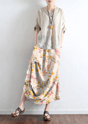 White flowers and birds oversized linen skirts asymmetrical design elastic waist long skirt