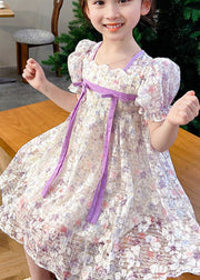 light Purple Print Patchwork Tulle Baby Girls Dress Wrinkled Summer