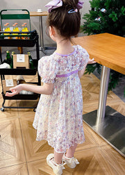 light Purple Print Patchwork Tulle Baby Girls Dress Wrinkled Summer