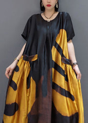 loose black-flowers and birds O-Neck Print Satin Maxi Dress Summer