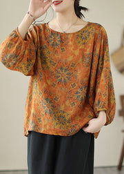 lus Size Orange Oversized Print Cotton Shirt Tops Lantern Sleeve