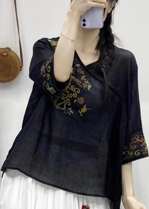 oose Black V Neck Embroideried Patchwork Linen Top Half Sleeve