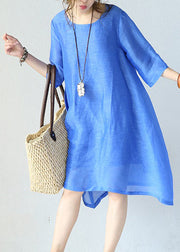 stylish blue natural silk dress Loose fitting silk clothing dress 2018 o neck half sleeve cotton clothing