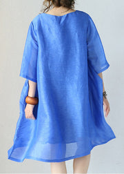 stylish blue natural silk dress Loose fitting silk clothing dress 2018 o neck half sleeve cotton clothing