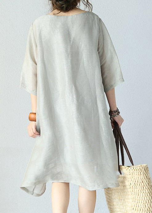 stylish gray pure silk dresses plus silk clothing dresses women o neck half sleeve midi dress