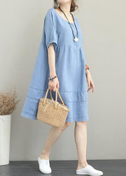 stylish light blue linen shift dress oversize shirt dress women patchwork lace hollow out linen cotton dress