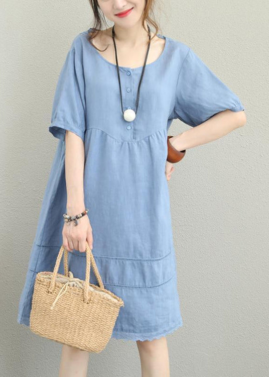 stylish light blue linen shift dress oversize shirt dress women patchwork lace hollow out linen cotton dress