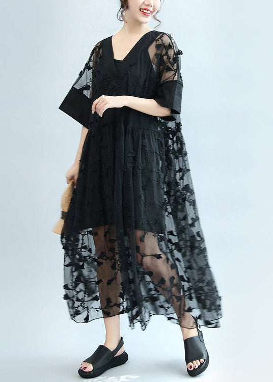 summer 2024 black embroidery lace dresses plus size maxi dress