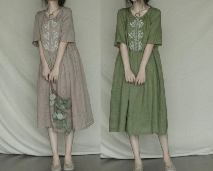 Bohemian Green Embroideried Casual Linen Dress Short Sleeve