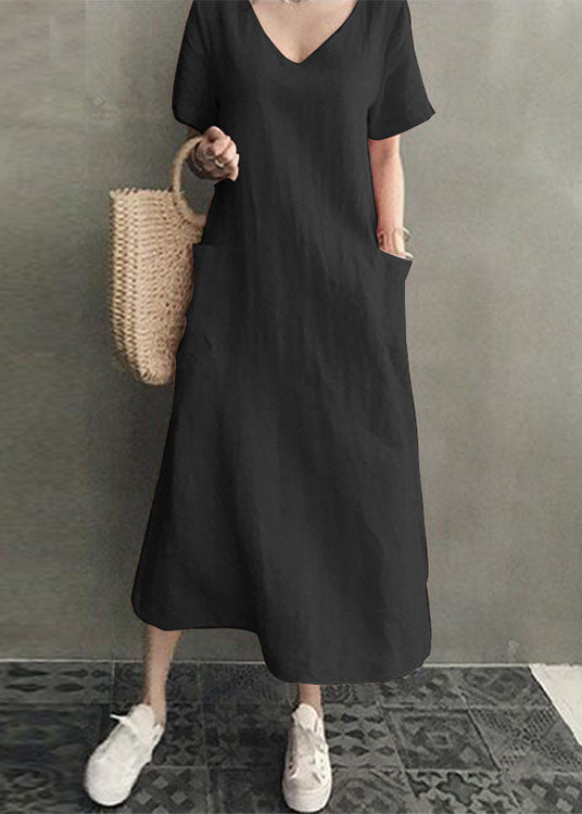 100% Cotton Short Sleeve V-neck Side Pocket Solid Dress