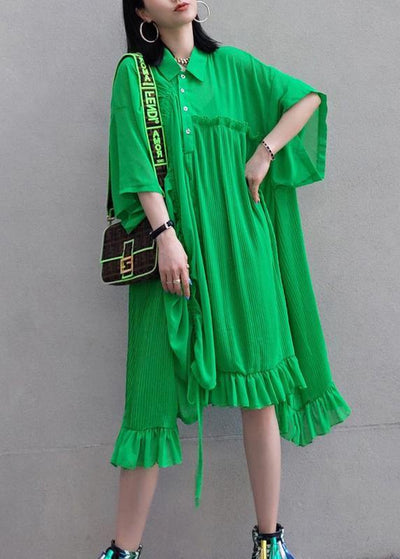 100% Green Dress Lapel Asymmetric Summer Dress - SooLinen