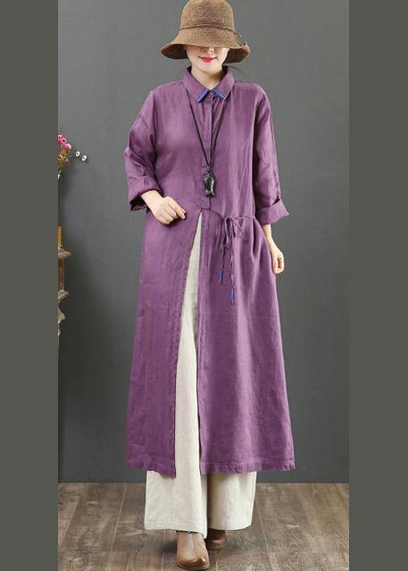 100% Lapel Spring Quilting Clothes Sleeve Purple Robe Dress - SooLinen