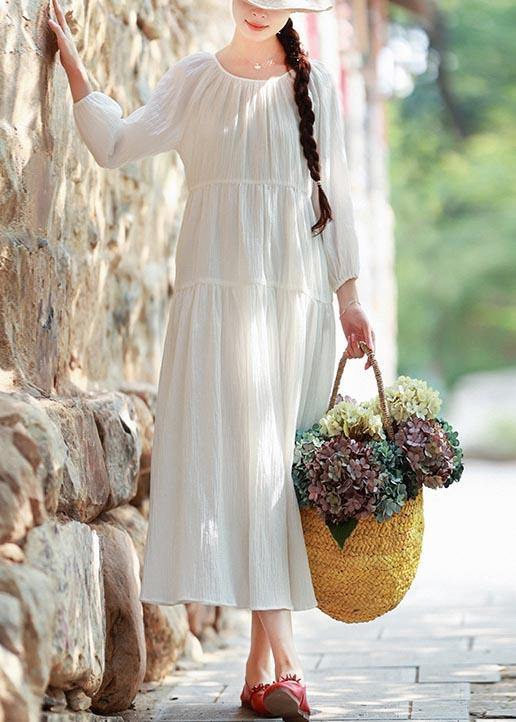 100% O Neck Cinched Spring Outfit Tunic Tops White Maxi Dresses - SooLinen