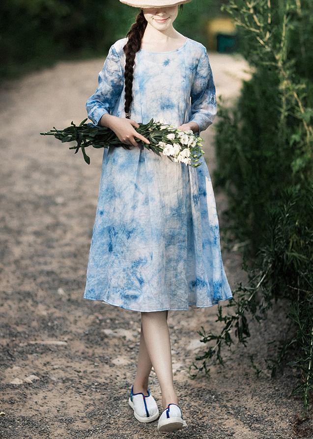 100% O-Neck Half Sleeve Summer Blue Print Dress - SooLinen