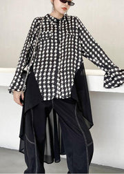 100% Patchwork Lapel Spring Clothes Black Plaid Robes Dress - SooLinen