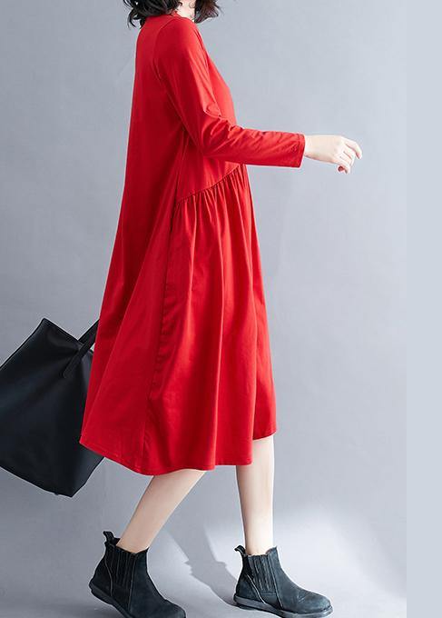 100% Red Wardrobes O Neck Wrinkled Kaftan Spring Dresses - SooLinen