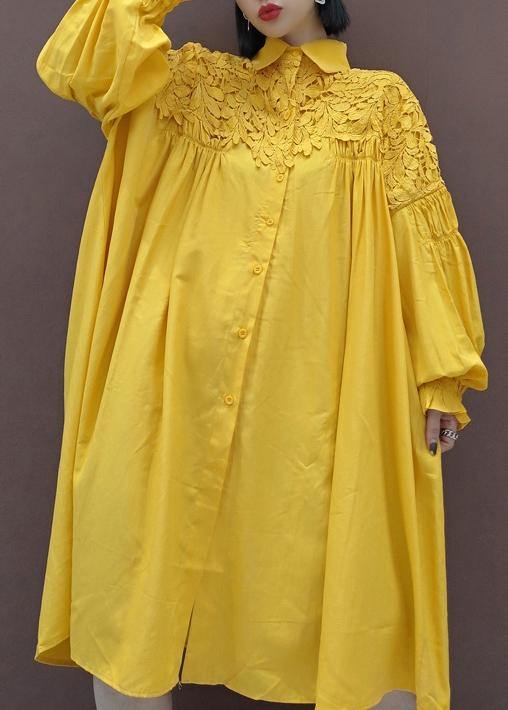 100% Stand Collar Patchwork Lace Quilting Clothes Catwalk Yellow Robes Dresses - SooLinen