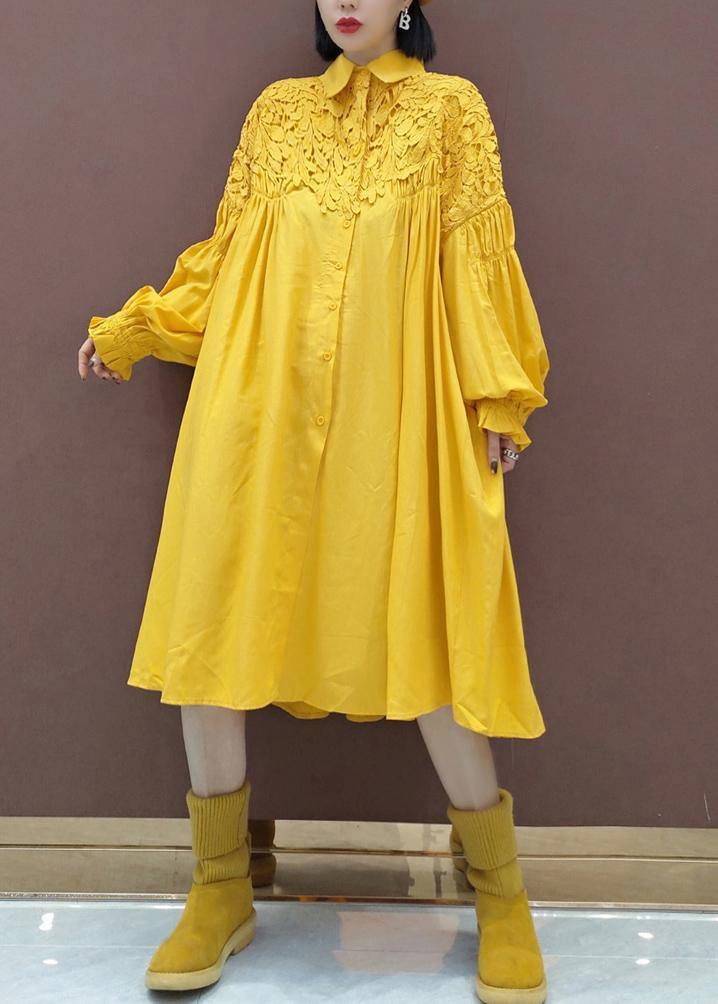 100% Stand Collar Patchwork Lace Quilting Clothes Catwalk Yellow Robes Dresses - SooLinen