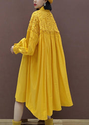 100% Stand Collar Patchwork Lace Quilting Clothes Catwalk Yellow Robes Dresses - SooLinen