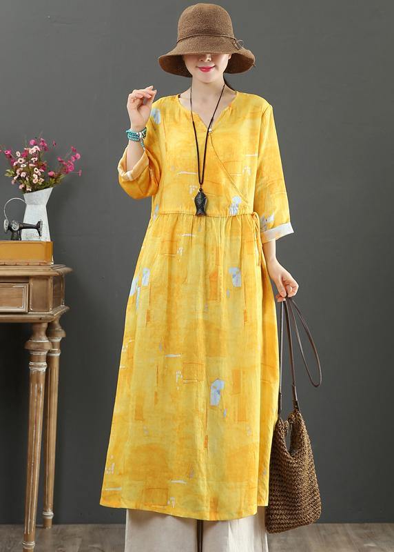 100% Yellow Print Dresses V Neck Tie Waist Robes Spring Dress - SooLinen