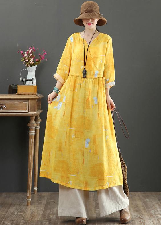 100% Yellow Print Dresses V Neck Tie Waist Robes Spring Dress - SooLinen