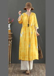 100% Yellow Print Dresses V Neck Tie Waist Robes Spring Dress - SooLinen