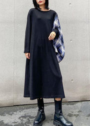 100% black Wardrobes o neck pockets plaid Maxi fall Dress - SooLinen