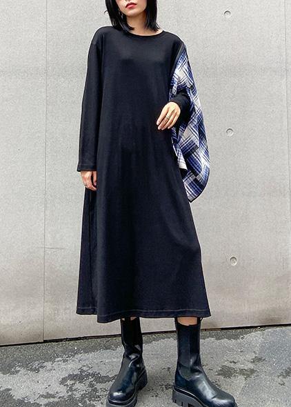 100% black Wardrobes o neck pockets plaid Maxi fall Dress - SooLinen