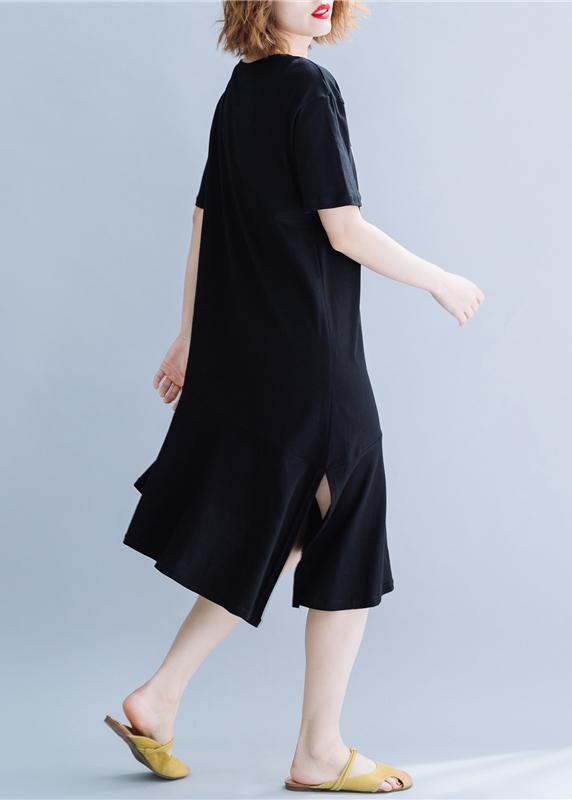 100% black cotton clothes o neck patchwork Traveling summer Dresses - SooLinen