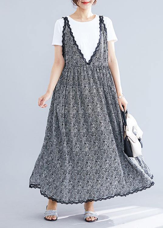 100% black floral v neck chiffon quilting dresses lace ruffles Maxi summer Dress - SooLinen