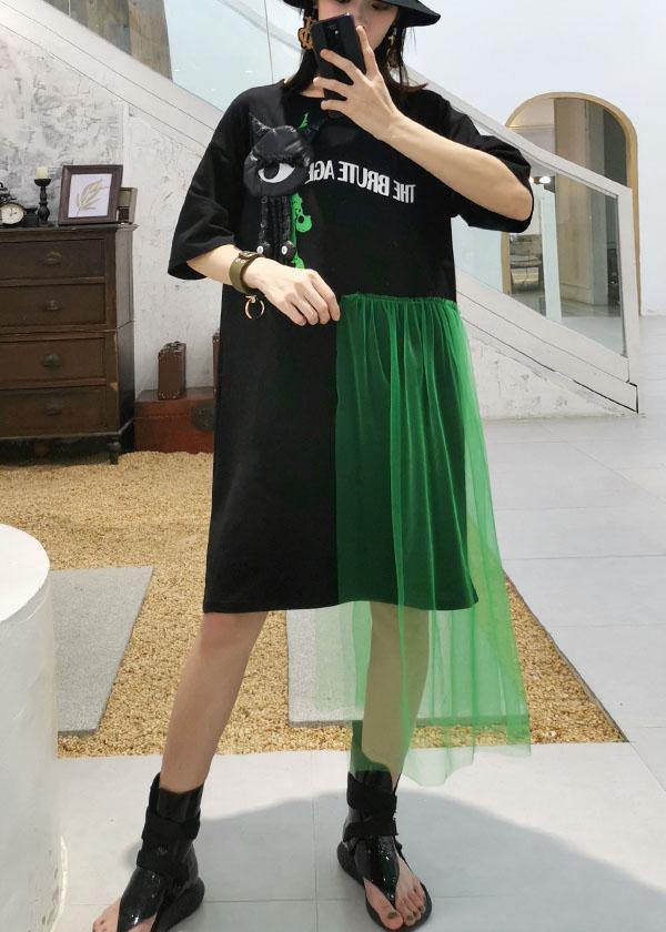 100% black patchwork tulle Cotton tunic dress short sleeve tunic Dresses - SooLinen