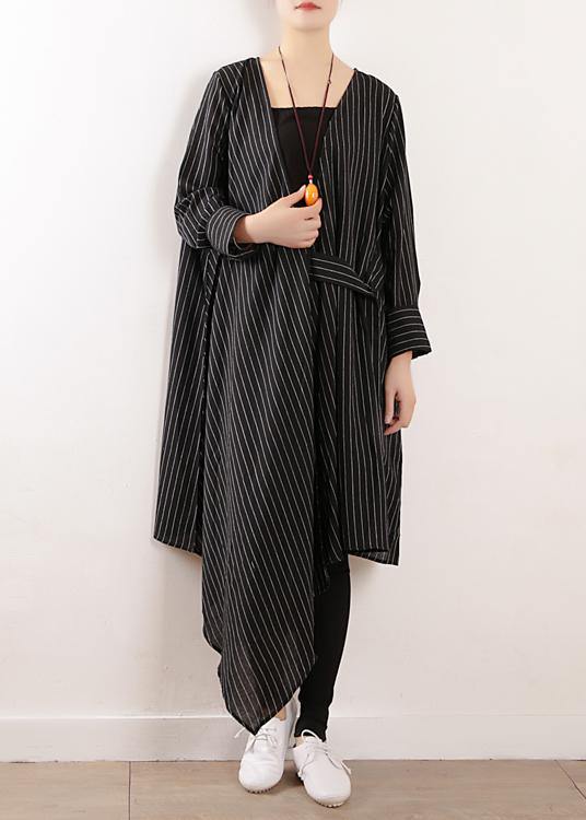 100% black striped clothes Women v neck tie waist Maxi fall Dress - SooLinen