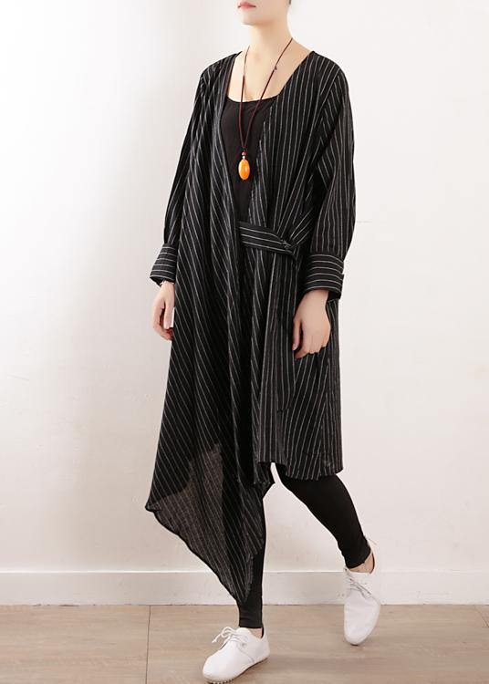 100% black striped clothes Women v neck tie waist Maxi fall Dress - SooLinen