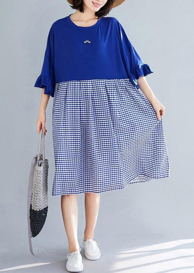 100% blue Plaid Cotton clothes Sweets Runway o neck Butterfly Sleeve shift Summer Dress - SooLinen