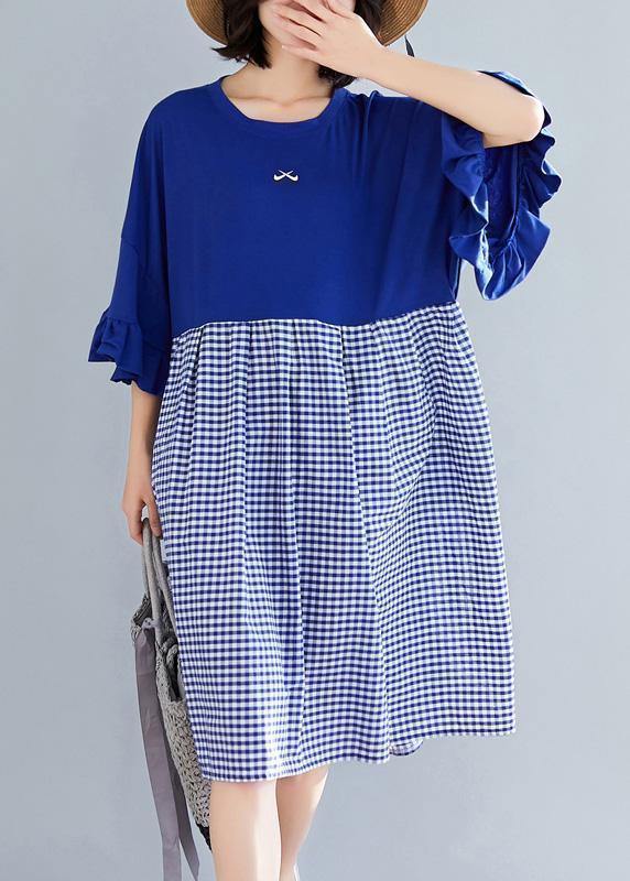 100% blue Plaid Cotton clothes Sweets Runway o neck Butterfly Sleeve shift Summer Dress - SooLinen