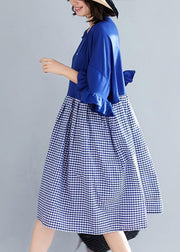 100% blue Plaid Cotton clothes Sweets Runway o neck Butterfly Sleeve shift Summer Dress - SooLinen