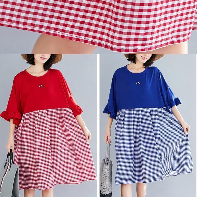 100% blue Plaid Cotton clothes Sweets Runway o neck Butterfly Sleeve shift Summer Dress - SooLinen