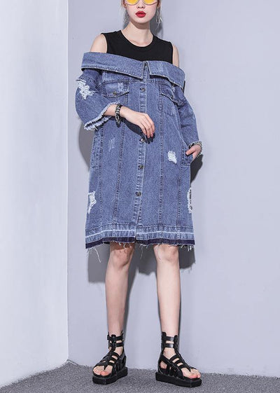 100% denim blue Cotton Long Shirts Slash neck oversized summer Dresses - SooLinen