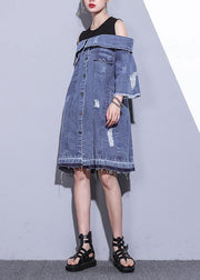 100% denim blue Cotton Long Shirts Slash neck oversized summer Dresses - SooLinen