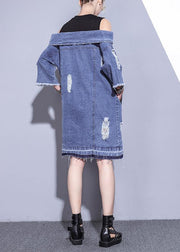 100% denim blue Cotton Long Shirts Slash neck oversized summer Dresses - SooLinen