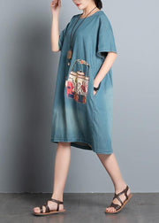 100% denim blue print dresses o neck pockets A Line summer Dress - SooLinen