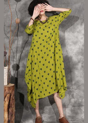 100% dotted linen clothes For Women design yellow Dresses summer - SooLinen