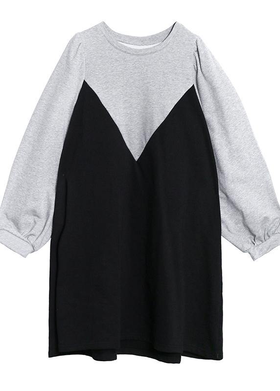 100% gray Robes o neck patchwork black long Dress - SooLinen