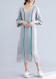 100% gray tassel cotton Tunic v neck loose Dresses - SooLinen